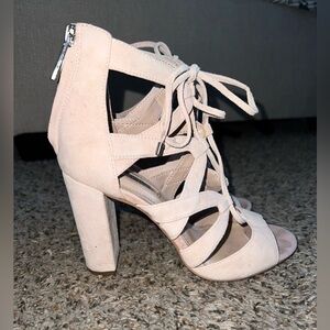 BCBG • “Rameena” lux kid suede strappy block heel sandals, size 6.5 in B…